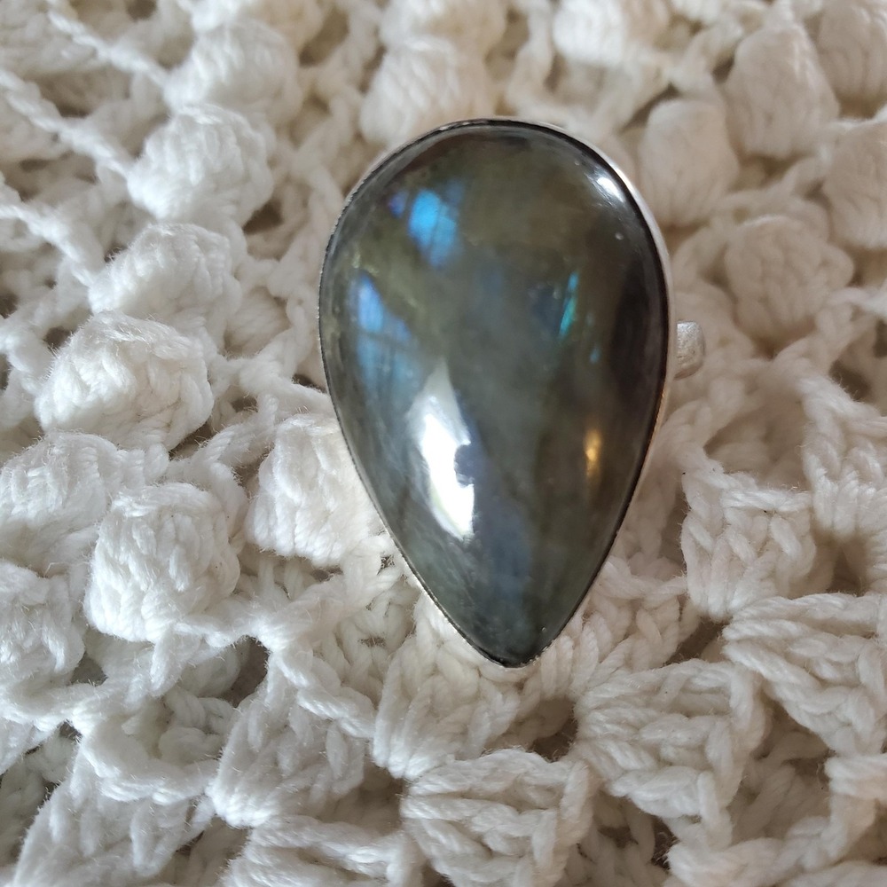 925 Sterling Silver Labradorite Ring Size 8.5 Teardrop Gemstone Statement - Picture 3 of 10